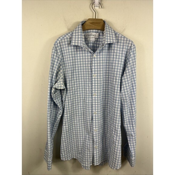 Mizzen Main Shirt Mens Medium Blue Trim Fit Gingham Check Performance Stretch - Picture 1 of 7